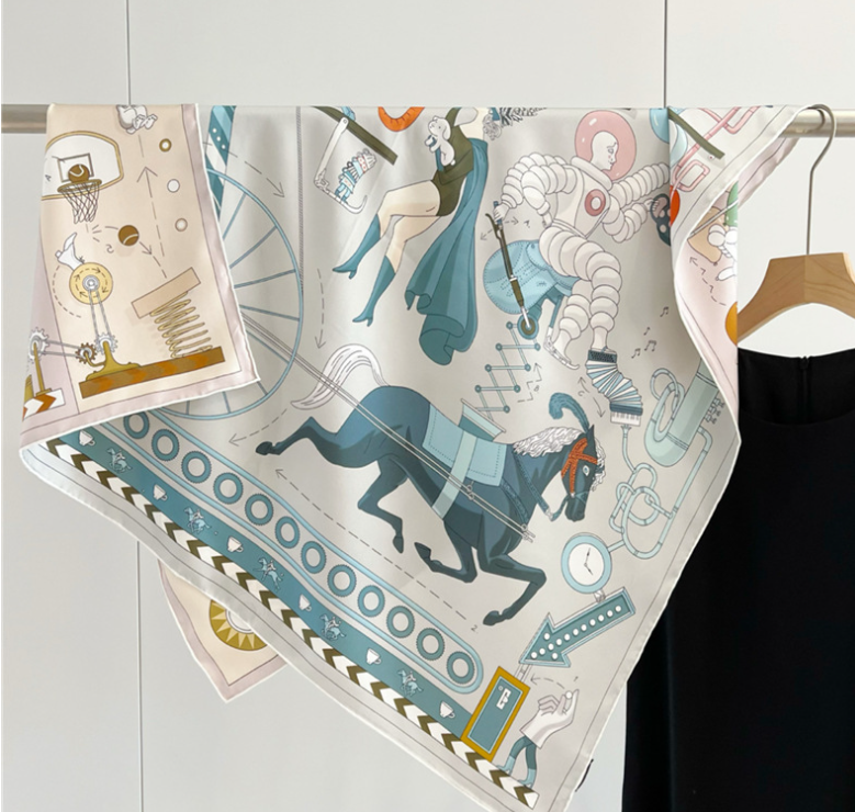 Pure 18 Momme Twill Silk Scarf Bandana with Fine Horse Print 35 Inch Square Shawl