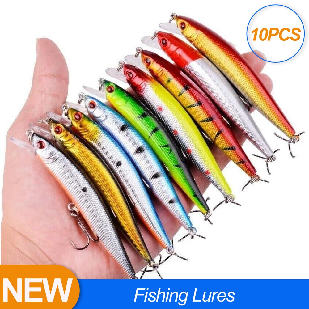 10x Fishing Lures Minnow baits Crankbaits Jerkbait Lot Hooks Baits Bass Tackle
