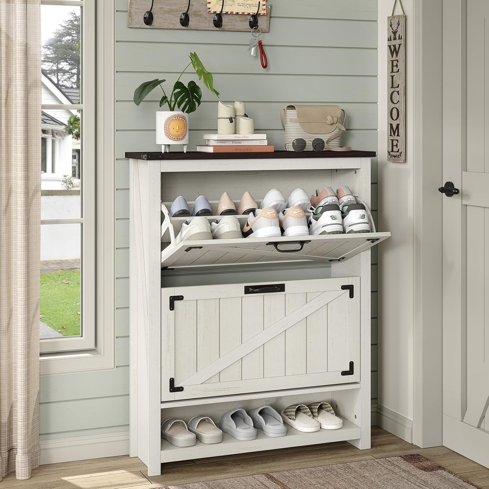 Shoe Cabinet With 2 Flip Drawers??Farmhouse Shoe Rack For Front Door Entrance??R