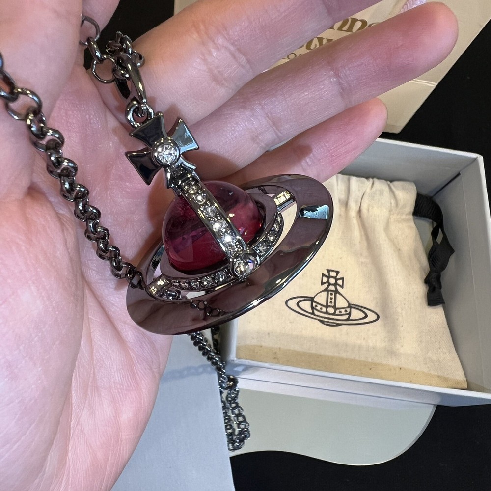 Vivienne Westwood Globe Big Orb Necklace Purple Crystal Gunmetal Tone #122