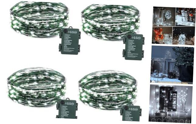 4 Pack Fairy Lights Battery Operated, 16.4 Ft 50 LED Cool White-Green Wire