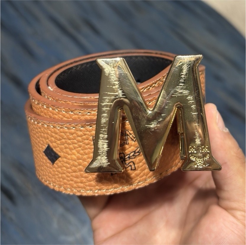 MCM Logo Gold Buckle Women's Fashion Belt Brown Black Designer Accent