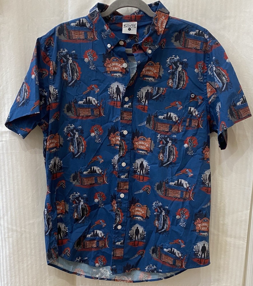 Creepy Co Shirt Mens Large Blue Friday the 13th Jason Button Up Horror