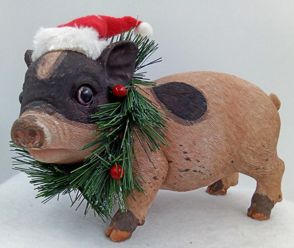 Christmas Pig Figurine Statute Santa Hat Wreath Snout Hoof Tail Textured Stands