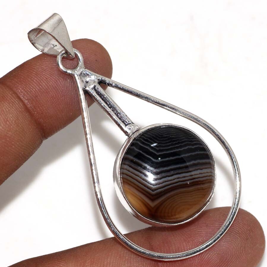 Banded Black Onyx 925 Silver Plated Pendant 2.4