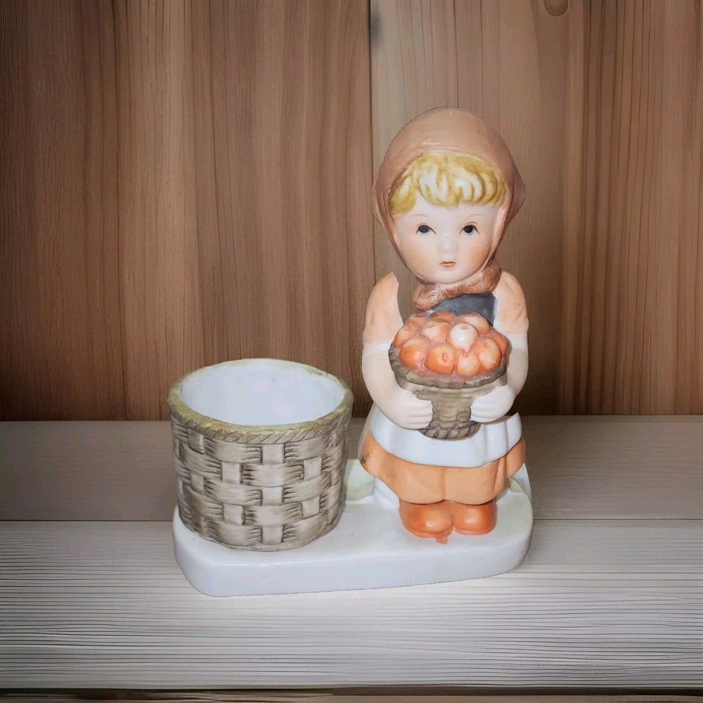 Vintage 1980 Girl with Apples Porcelain Candle Holder 4.75x4 Inches Excellent Condition
