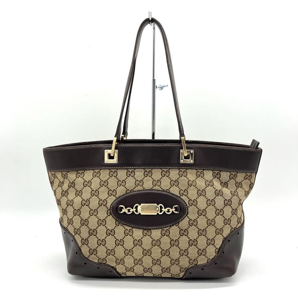 Gucci GG Canvas Brown Tote Bag with Shoulder Strap Logo Fittings Pre-Owned