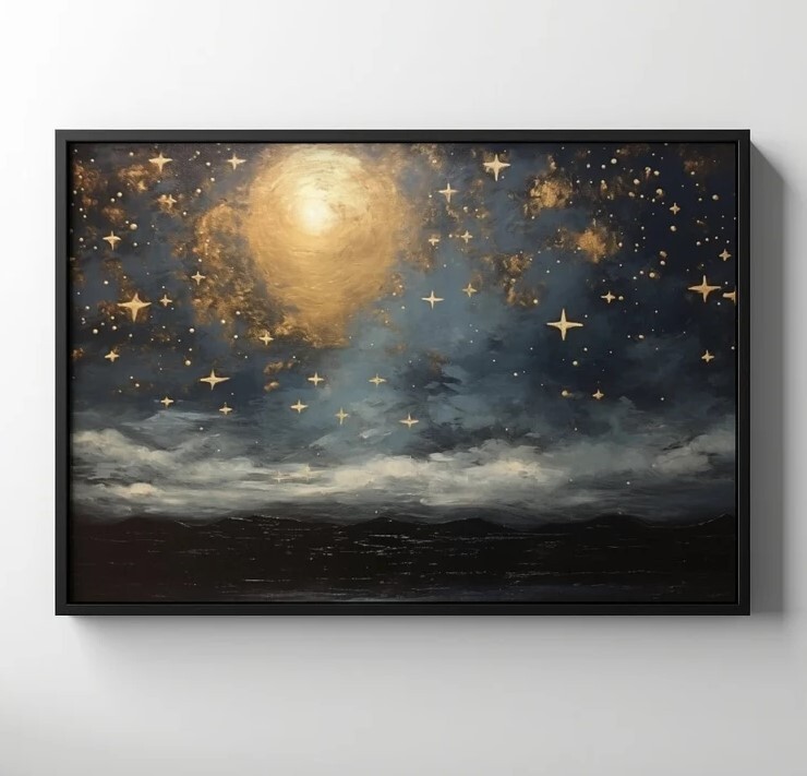 Vintage Starry Night Sky Oil Painting Printable Wall Art for Star Gazing