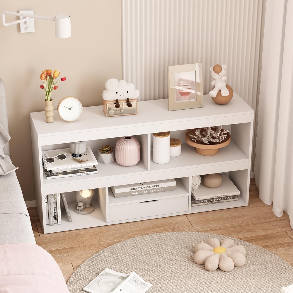 2-Tier Wooden Toy Organizer with 5 Cube Bookcase and Drawer Storage