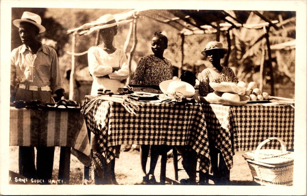 Vintage RPPC Haiti Sans Souci Market Scene w Hats and Locals EKC