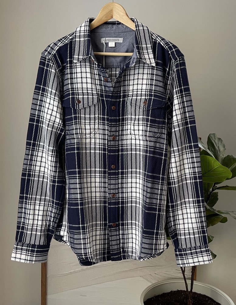NWT Men's OUTERKNOWN Blanket Shirt Navy Blue White Plaid Size Medium M NEW