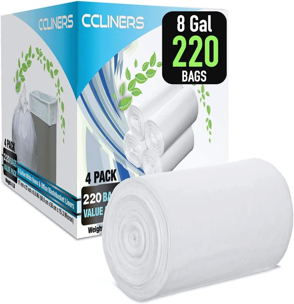 8 Gallon Medium Trash Bags White Kitchen Garbage Bags Plastic Wastebasket Tra...