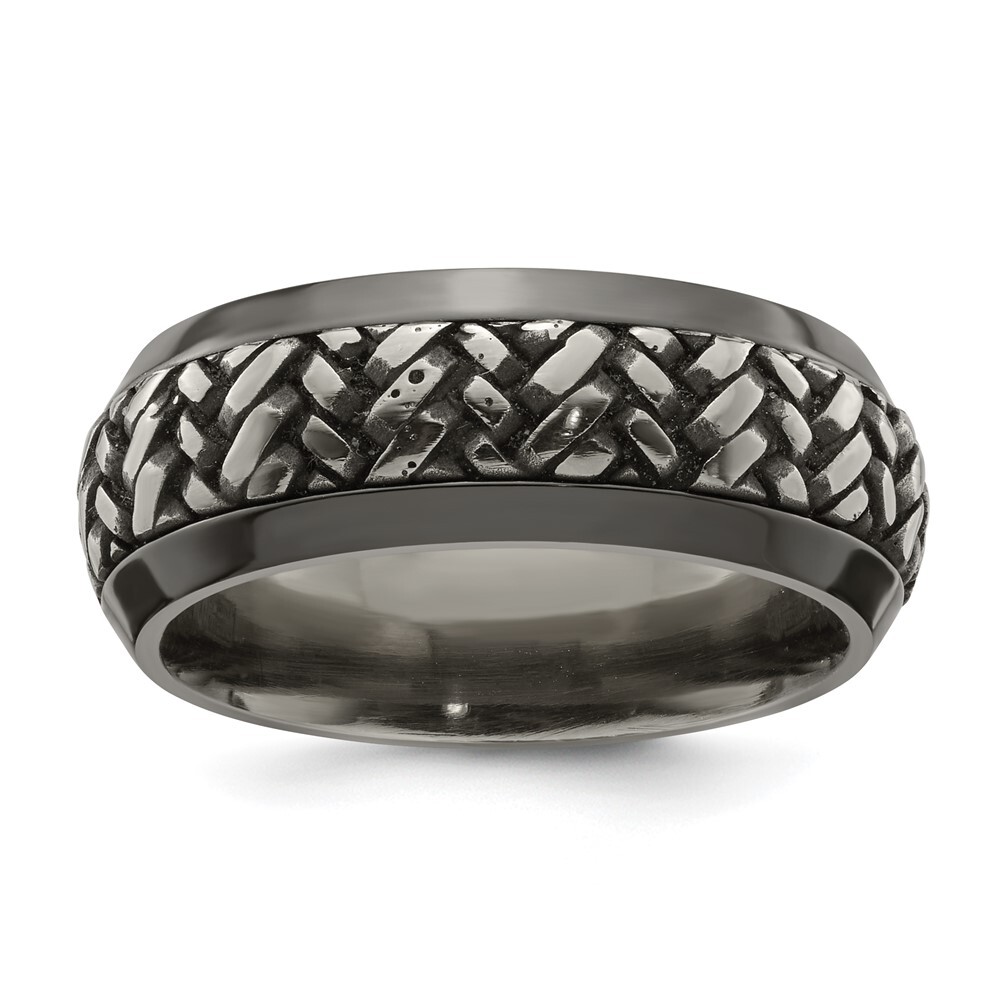 Black Titanium and Titanium Woven Design Beveled Casted 9mm Band Ring Size 11