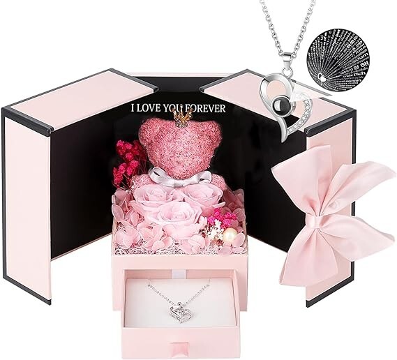 Valentines Day Gifts, Rose Bear Preserved Flowers Gift Set-image