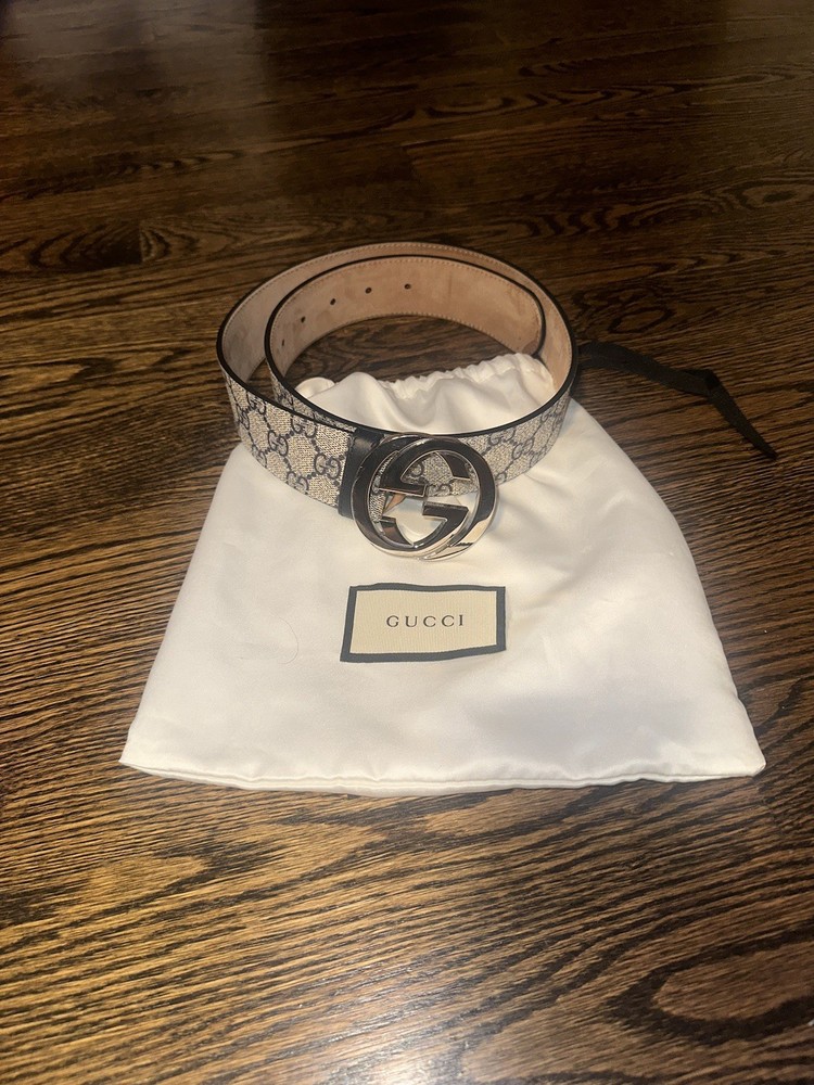 Gucci GG Supreme Canvas Leather Belt Beige Blue Size 80 cm 28-30 Waist