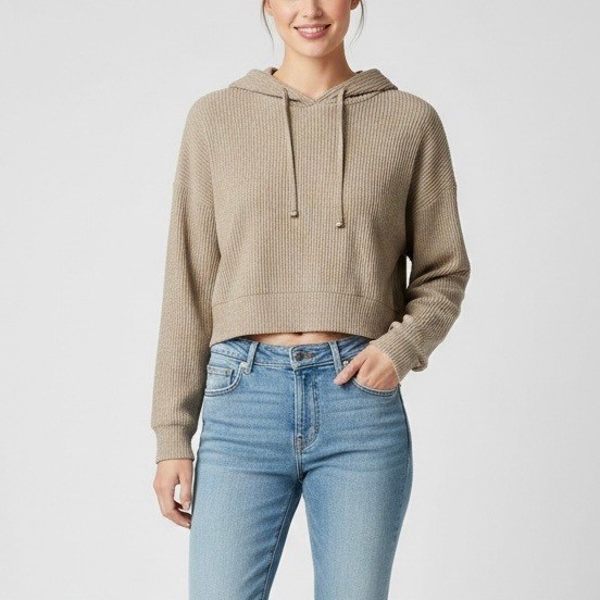 Alo Yoga Muse Ribbed Cropped Hoodie Gravel Heather Tan Pullover Size Small