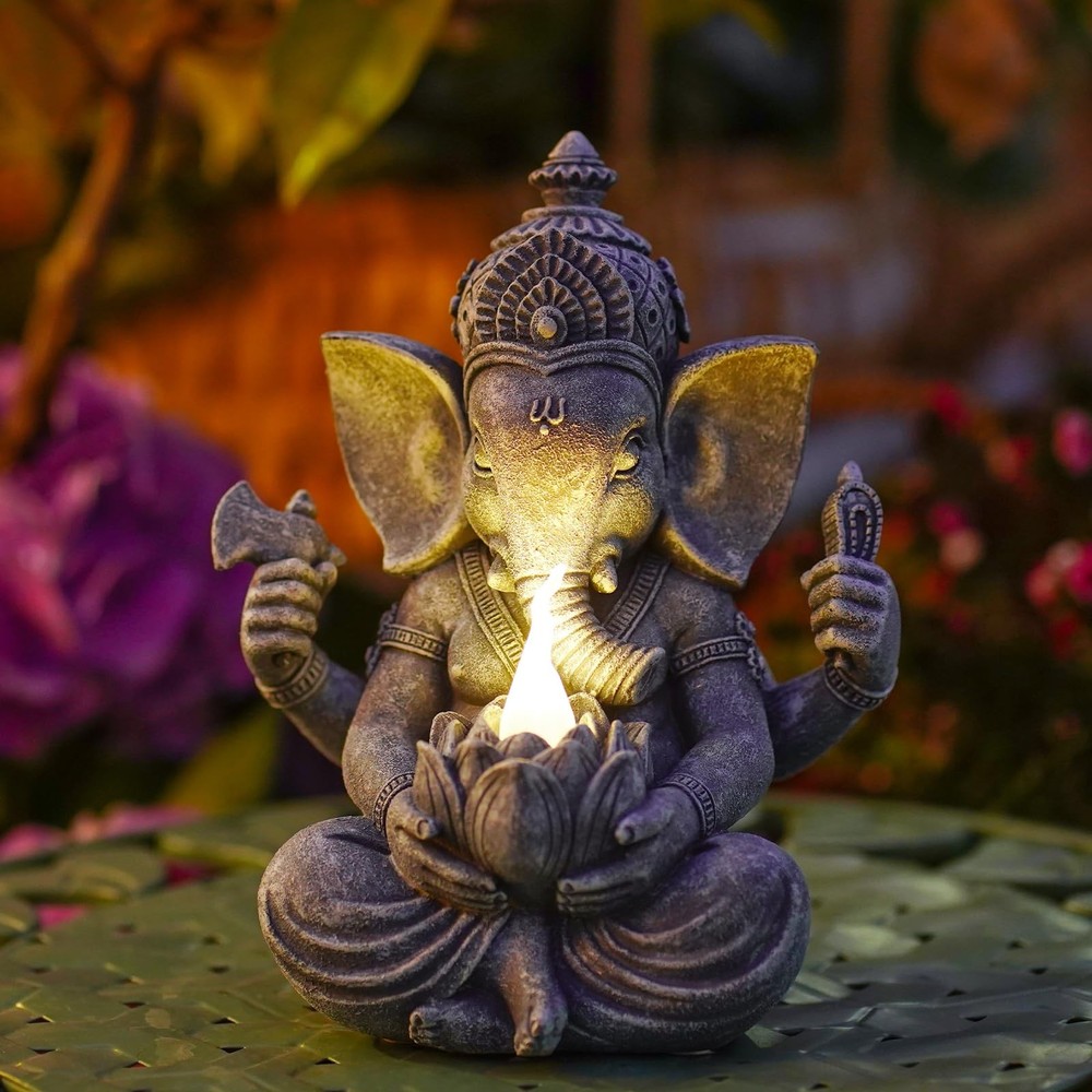 Solar-Powered Ganesha Elephant Garden Statue with Lotus Lights for Outdoor Decor