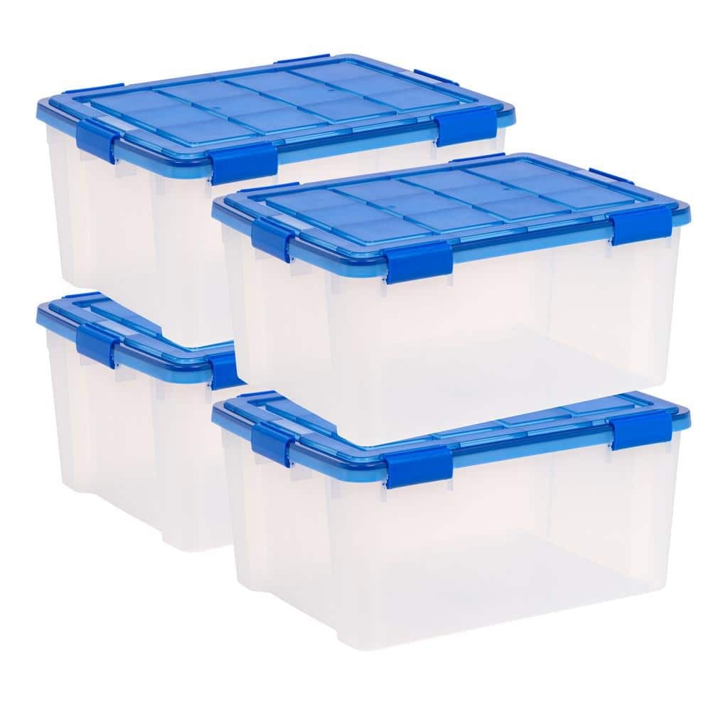 15-Gallon Clear Plastic Storage Totes with Blue Lids & Buckles - 4-Pack