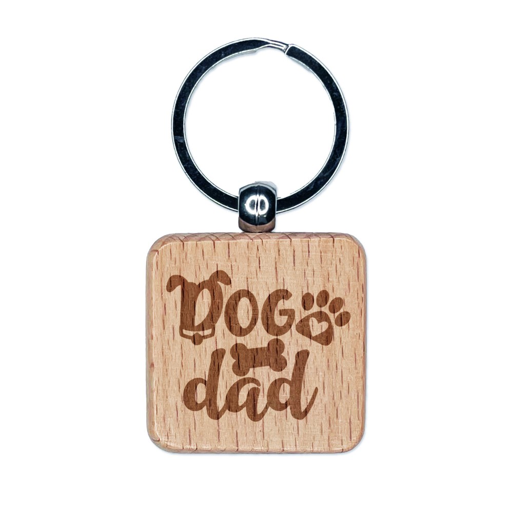 Engraved Paw Print Keychain for Dog Dads - Wooden Square Pet Tag Charm