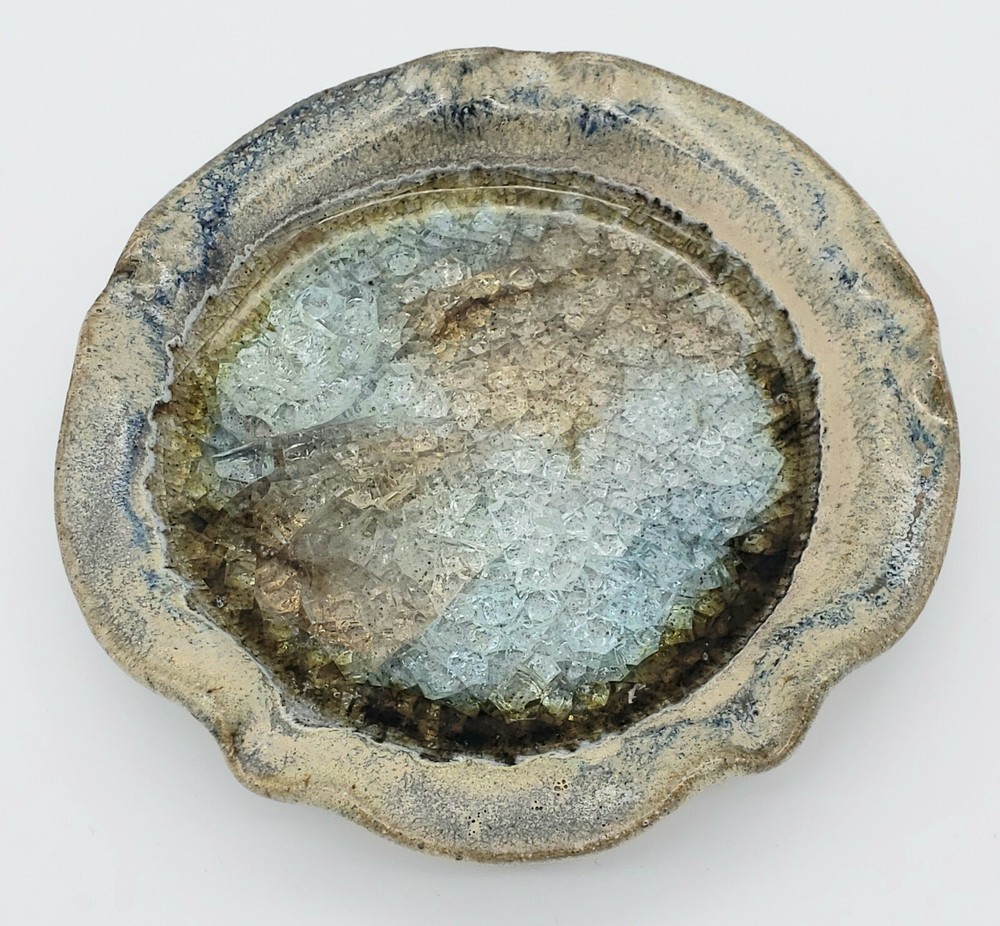 Vintage Made in USA Ceramic Pottery Ashtray Crackled Glass Trinket Dish 5.5