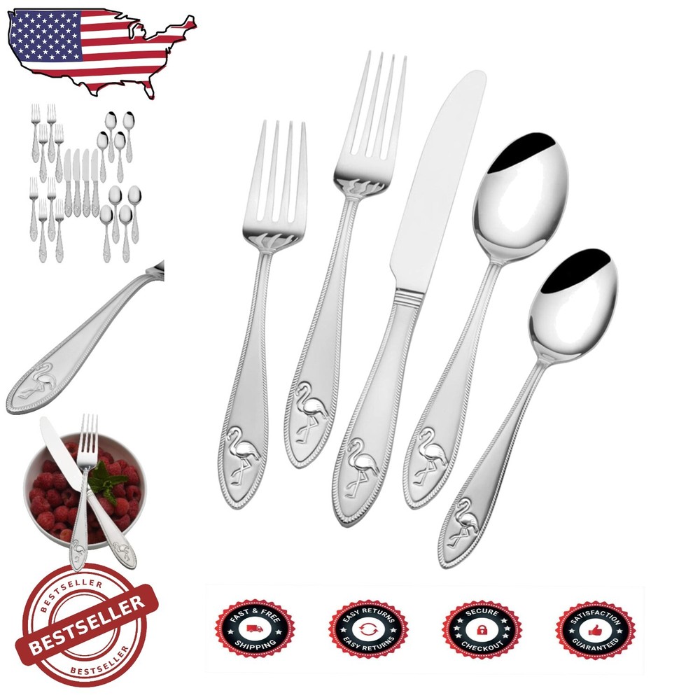 Tropical Flamingo 20-Piece Stainless Steel Flatware Set for 4 - Dishwasher Safe