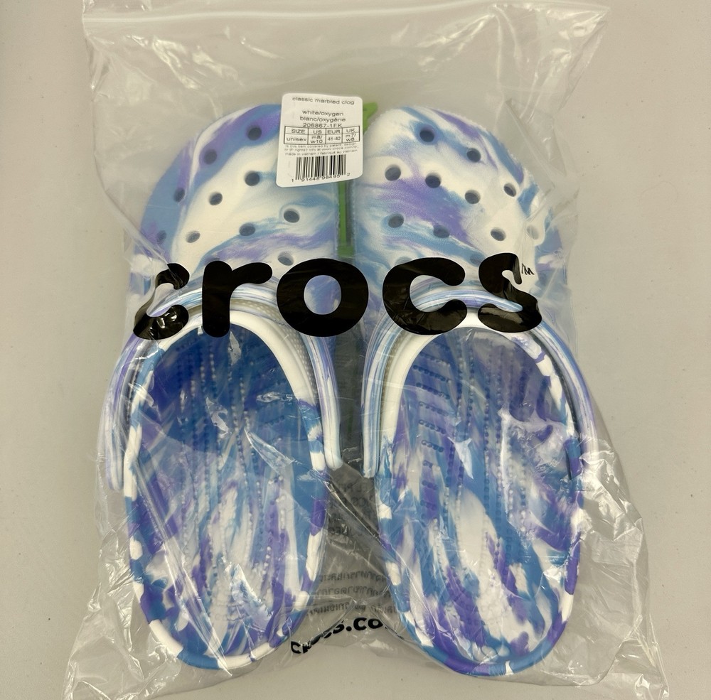 Women's 10 Crocs Classic Marbled Clog White/Oxygen (Blue & Purple) 206867-1FK