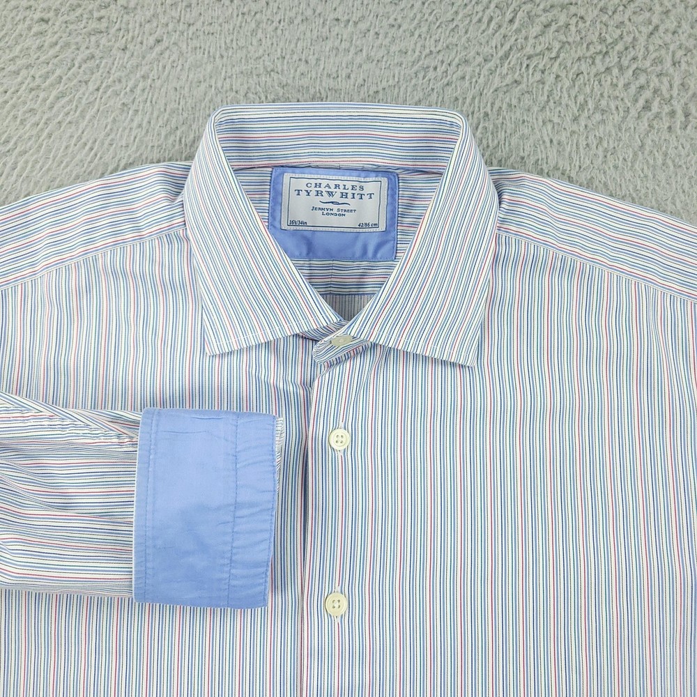 Charles Tyrwhitt Dress Shirt Mens 16.5 Blue Stripe 100% Cotton Long Sleeve