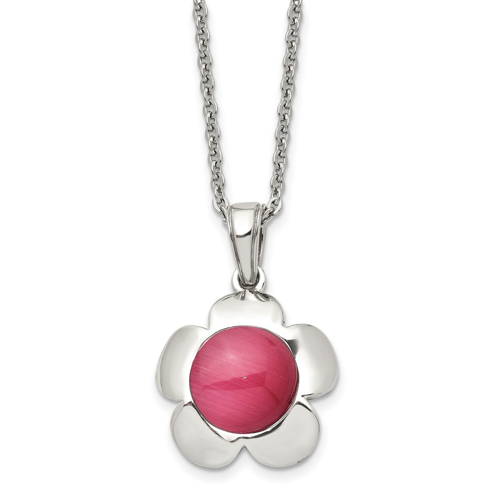 Stainless Steel Flower with Pink Cat's Eye Pendant Cable Chain Necklace 18