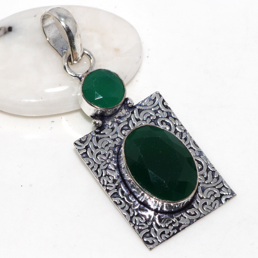 Green Onyx 925 Silver Plated Handmade Gemstone Pendant 2