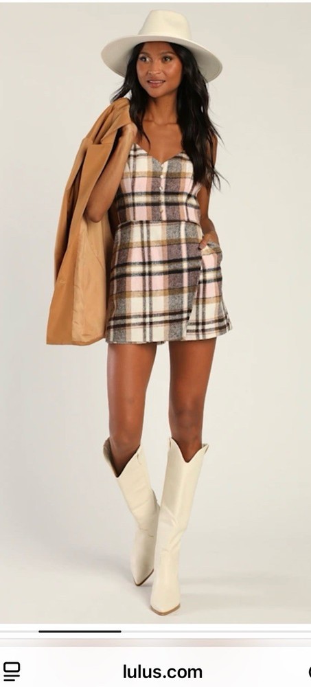 Lulus NWT Skort Order Pink and Cream Plaid Sleeveless Romper Size S