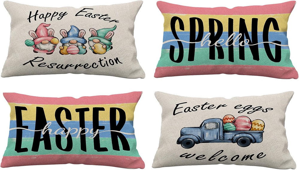 Happy Easter Lumbar Throw Pillow Covers 12x20 Set of 4 Spring Decor Farmhouse