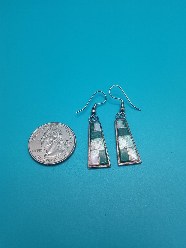 Vintage Native American Signed CC Sterling Malachite & Opal Earrings *NICE*