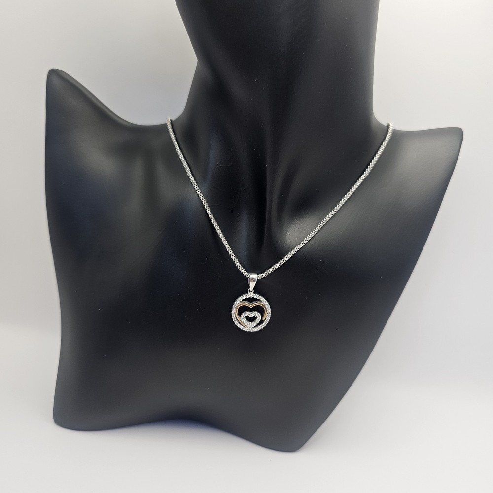 925 Sterling Silver Round Double Heart Pendant Valentine's Necklace