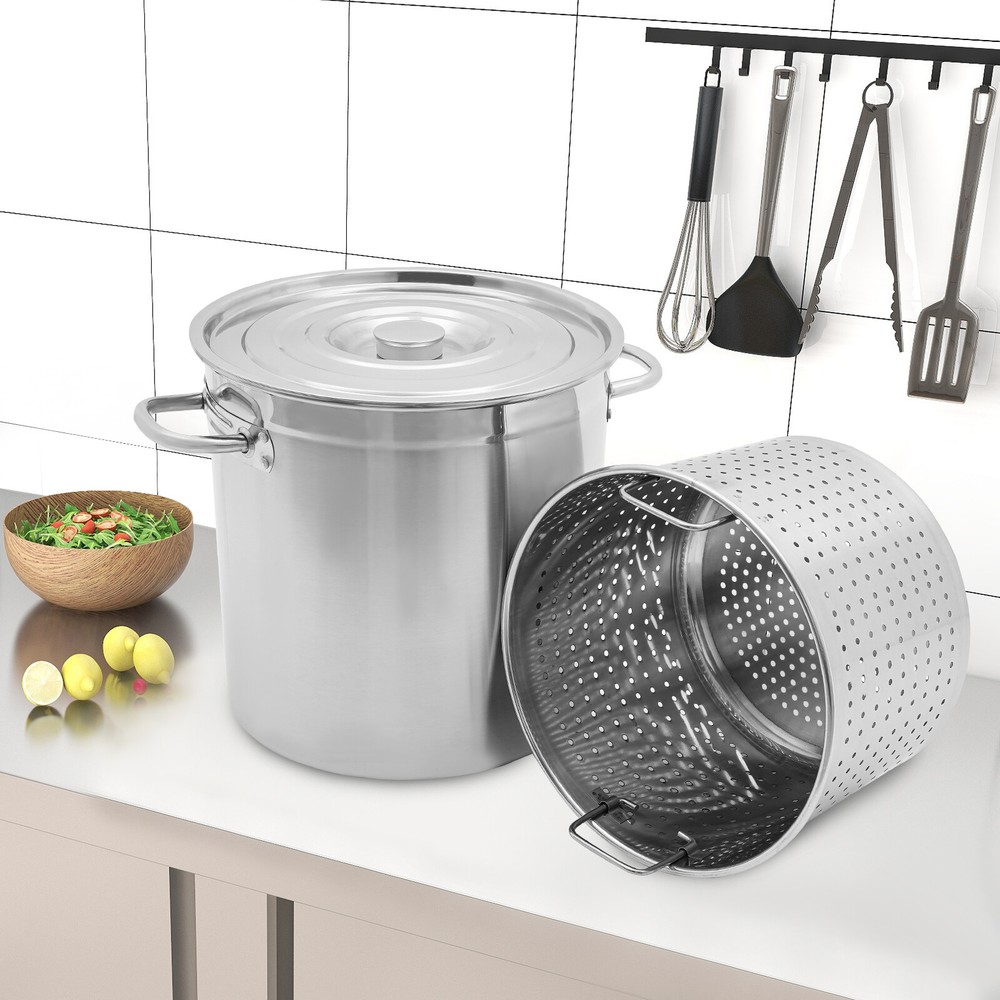 78 QT Stainless Steel Seafood Boil Pot With Basket Heavy Duty Cooking Pot W/ Lid