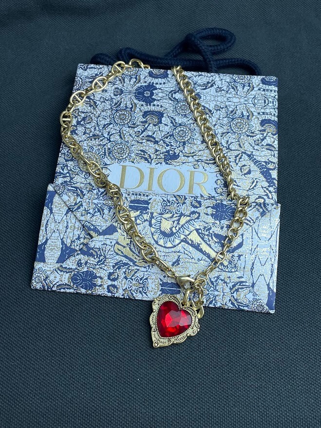 Christian Dior Gold Plated Red Stone Heart Pendant Luxury Necklace