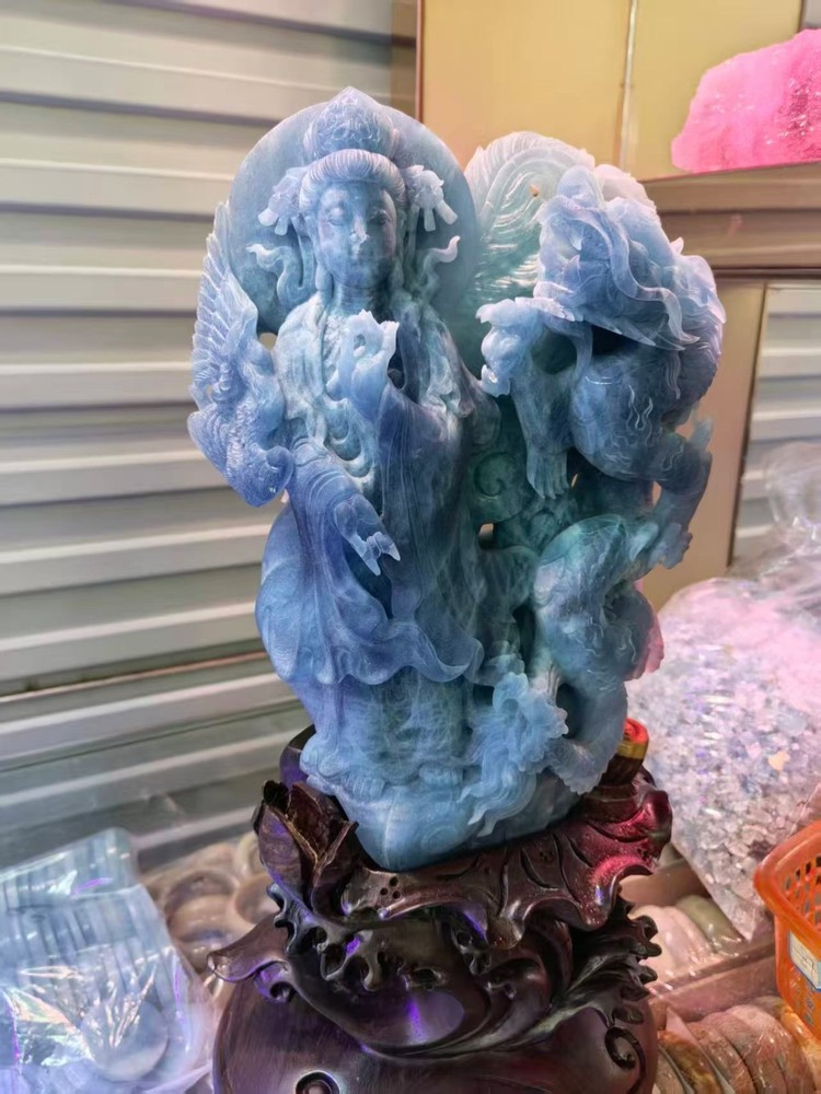 19.8lb Gemstone Natural Aquamarine Quartz Carved crystal Guanyin&Dragon collect