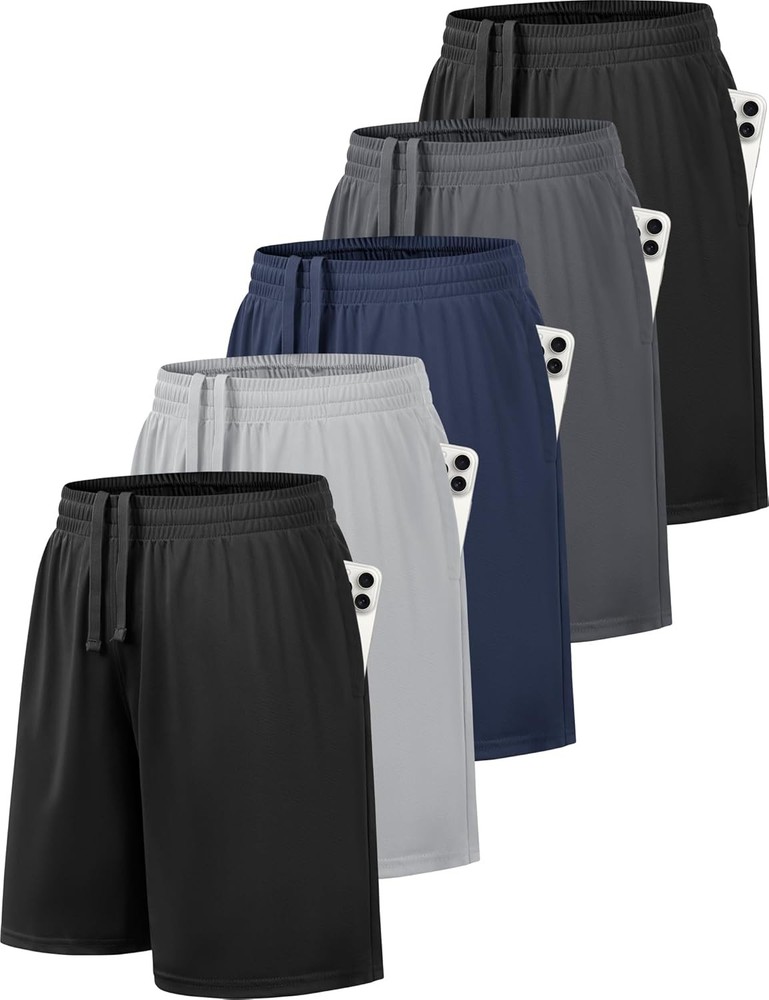 Big Boys Training Shorts With Pockets Elastic Waist Youth Athletic 5 Pack, Large