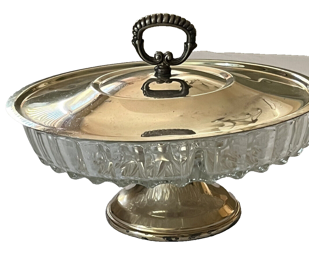 Serving Dish Vintage MCM Clear Glass Divided 5 Section Covered Lid Footed 10