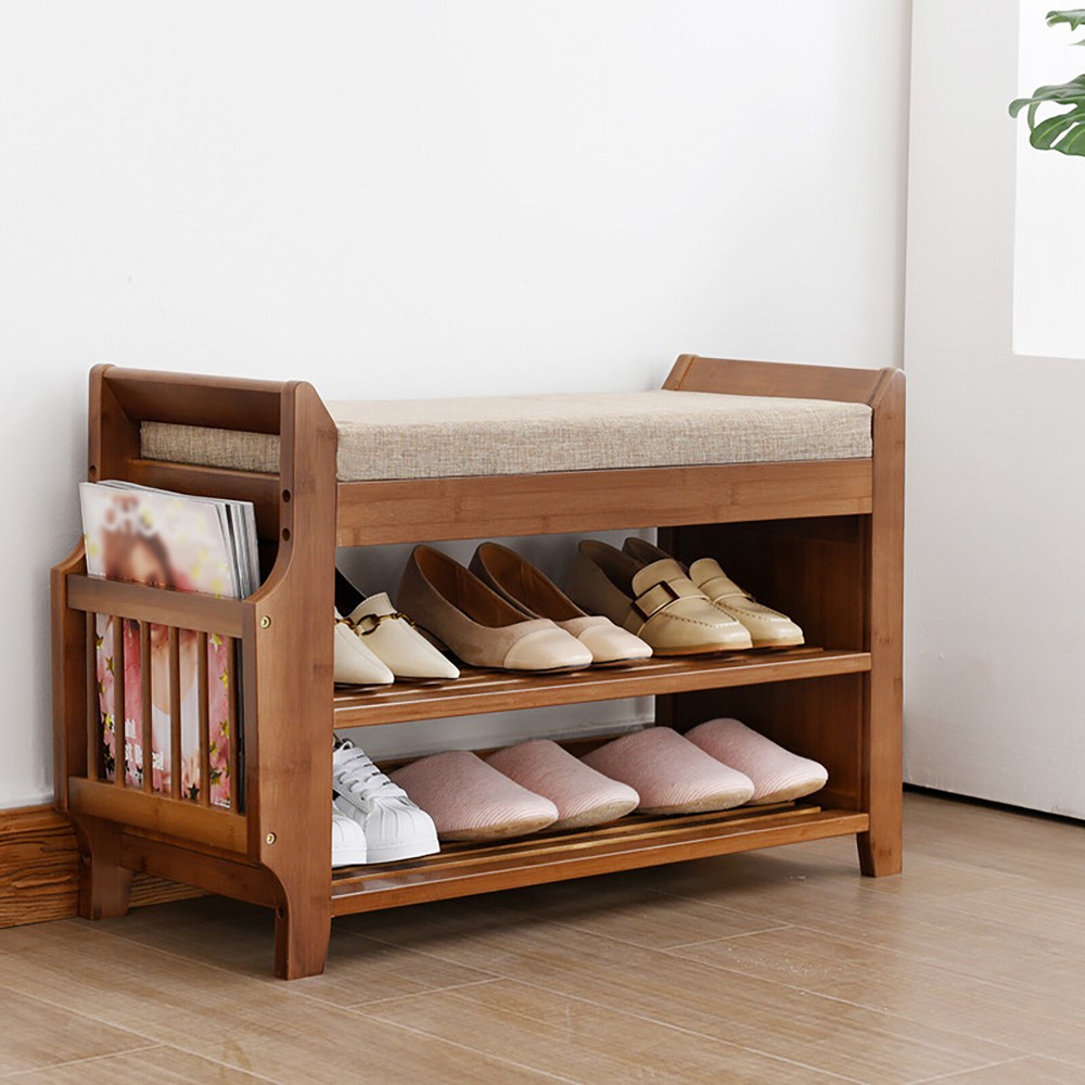 2 Tier Bamboo Shoe Rack Bench w/ Removable Cushion Entryway Organizer Shelf NEW