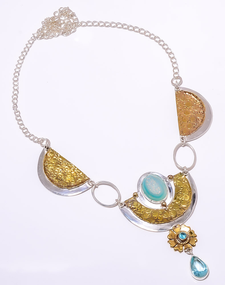 Titanium Blue Agate Drusy 925 Sterling Silver Two Tone Necklace 17.99