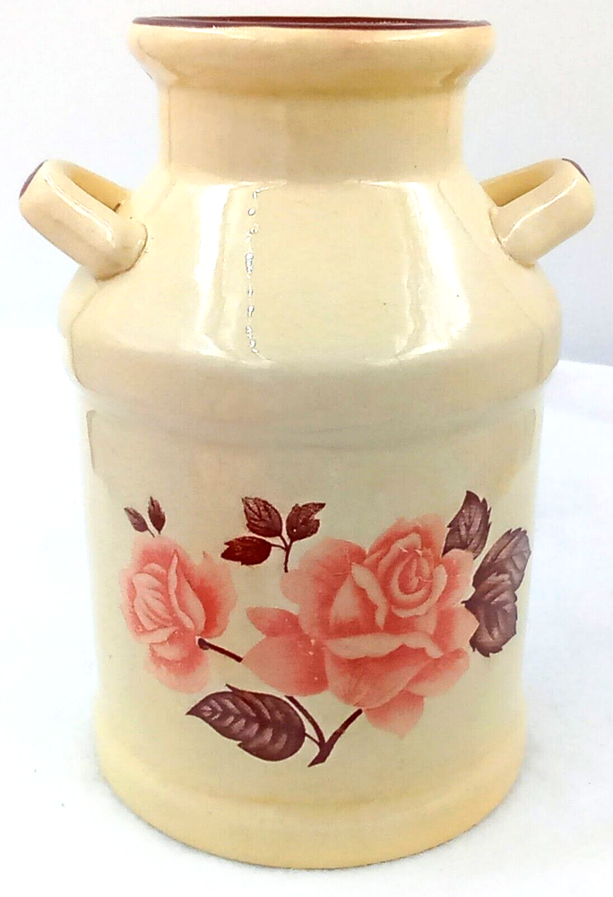 Ceramic Floral Milk Jug Jar Planter Vase Cabbage Rose Cream Brown Leaf Handle 7