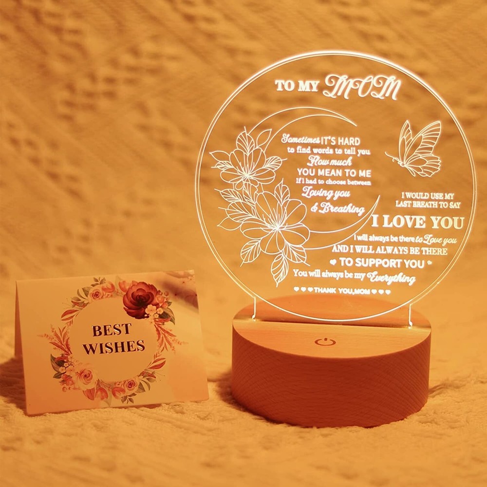 Mothers Day Gifts 3D Acrylic Night Lamp with Wooden Base and Greeting Card,3 Col-image