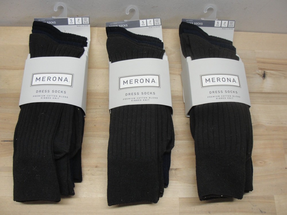 NEW 3 PACKS MEN'S MERONA ASSORTED COLORS DRESS SOCKS 15 PAIRS TOTAL SIZE 6-12