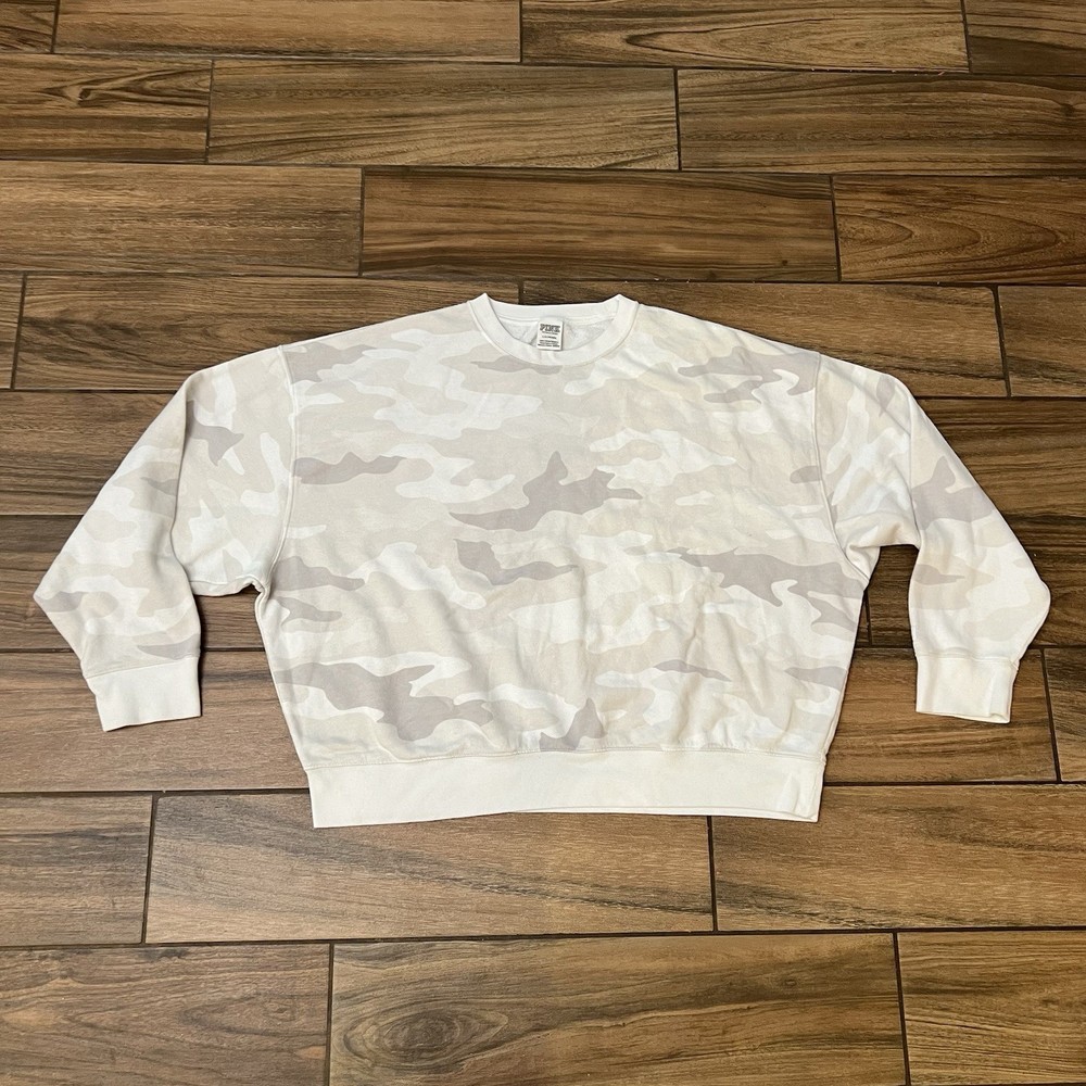Pink Victorias Secret White Camo Crew neck Pull Over Women’s Size Large