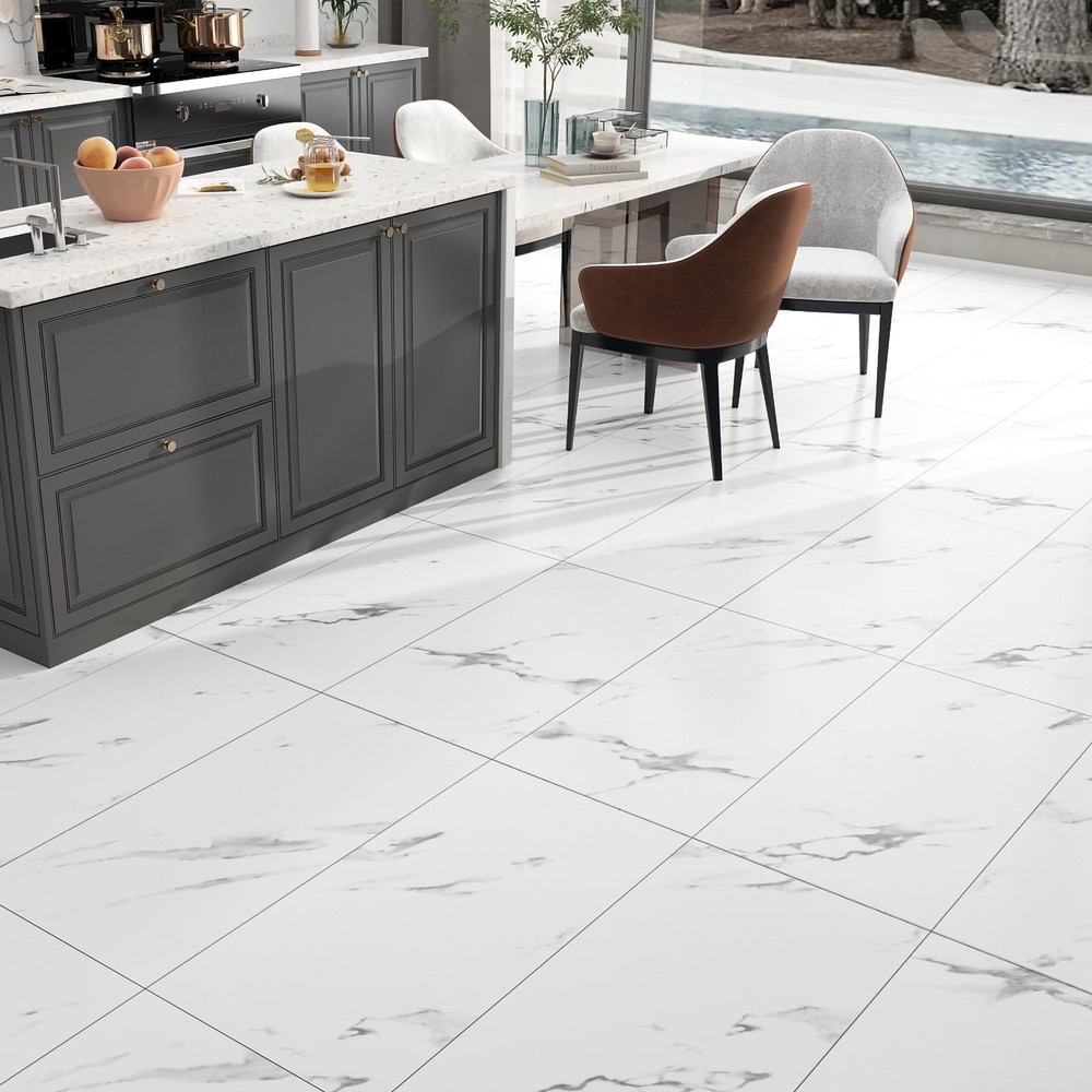 White Marble Peel and Stick Vinyl Floor Tile 15-Pack 12x24 Inch Waterproof Self-Adhesive