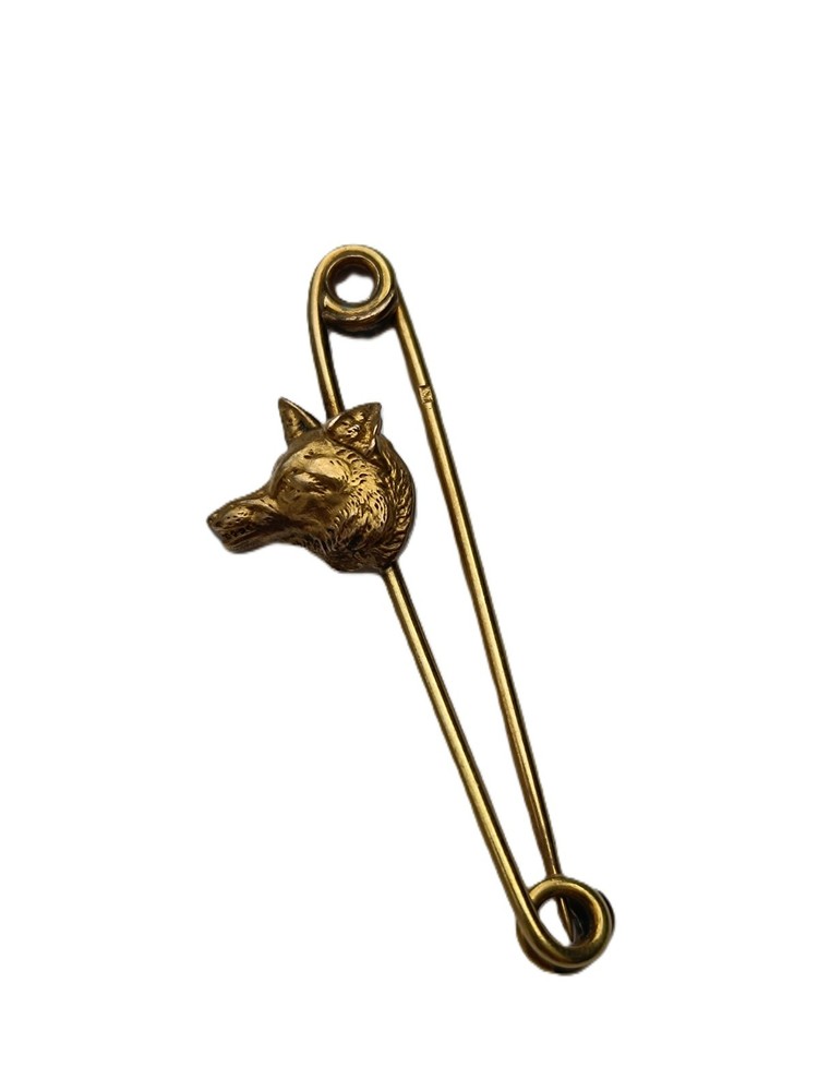 Art Nouveau Gilded Safety Pin Brooch with Wolf or Dog Head France 1900