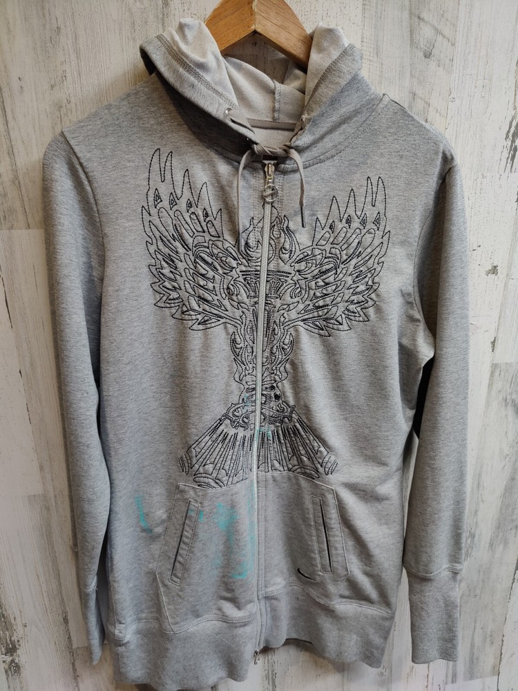 Nike Y2K Phoenix Stitched Front Zip Up Hoodie Womens Large (12-14) Gray 