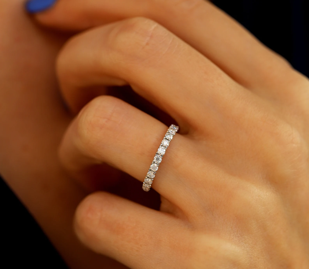 14K Solid Gold 2mm Half Eternity Lab Diamond Wedding Band for Women