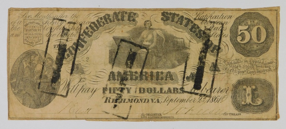 1861 $50 Confederate State of America Currency Banknote