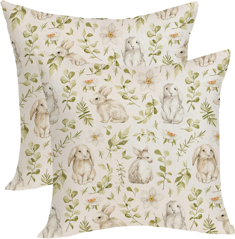 Spring Easter Bunny Floral Leaf Pillow Covers 18X18 Pack of 2